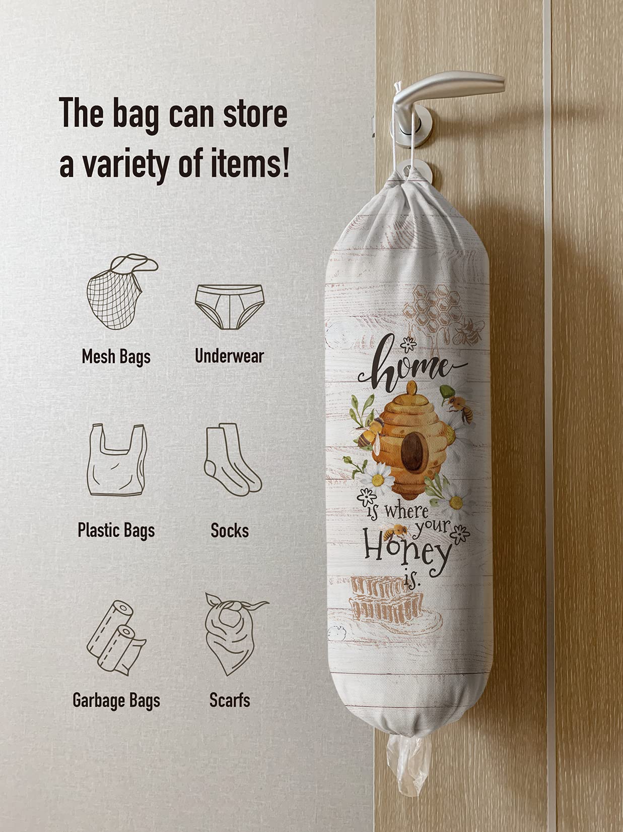 Hglian Farmhouse Plastic Bag Holder Dispenser - Honey Home Grocery Shopping Bags Storage Organizer | Kitchen Countertop, Pantry & Laundry Room Organization