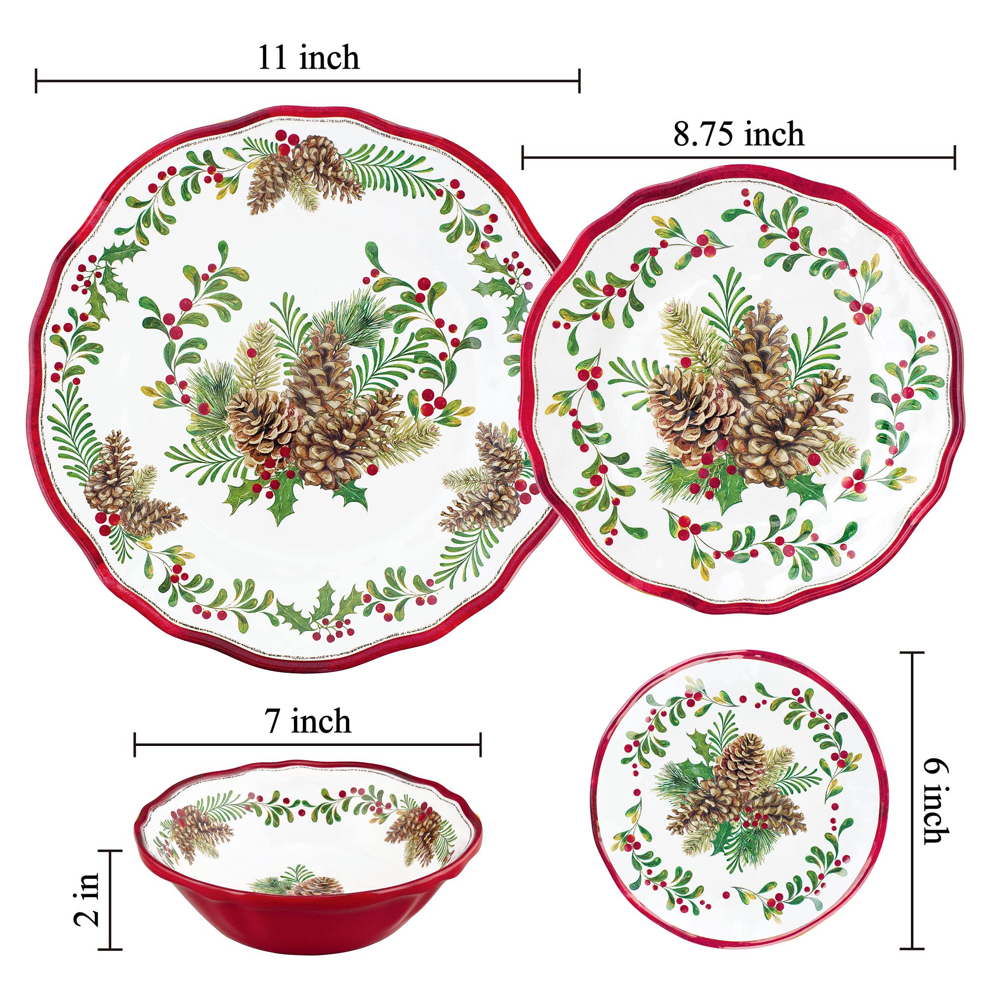 UPware 16-Piece Melamine Dinnerware Set - Shatterproof & Lightweight Tableware for 4, Includes Dinner Plates, Salad Plates, Dessert Plates & Bowls (Pinecone Design) - Perfect for Outdoor Dining, Picnics, Camping & Everyday Use