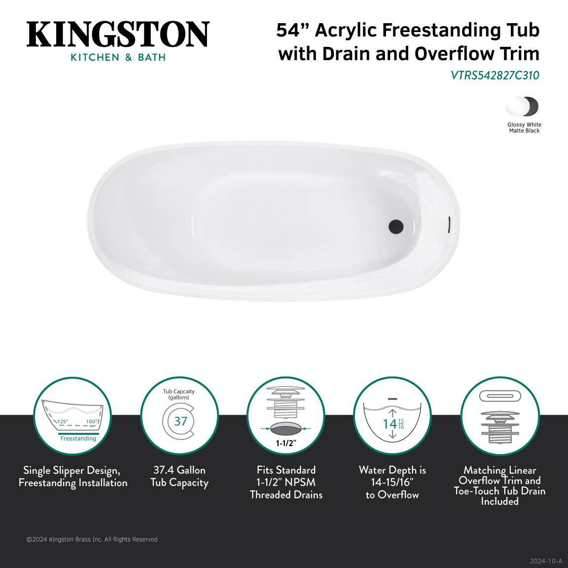 Aqua Eden 54 Inch Acrylic Oval Freestanding Bathtub - Glossy White/Matte Black Slipper Tub with Drain | Modern Soaking Tub for Luxury Bathroom & Spa Relaxation