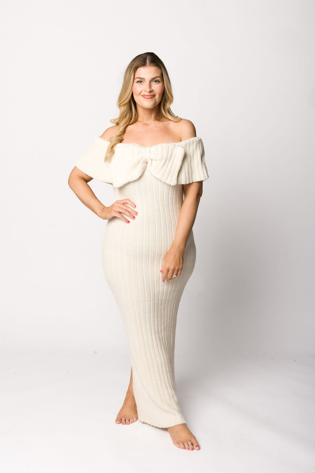 Aston Ivory Bow Front Maxi Sweater Dress - Bump Friendly Maternity Dress with Inclusive Sizing (S-3XL) | Perfect for Pregnancy, Nursing, and Casual Winter Outfits
