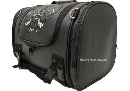 Durable PVC Skull Sissy Bar Travel Bag for Motorcycle & Motorbike - Black Luggage for Road Trips & Biker Adventures