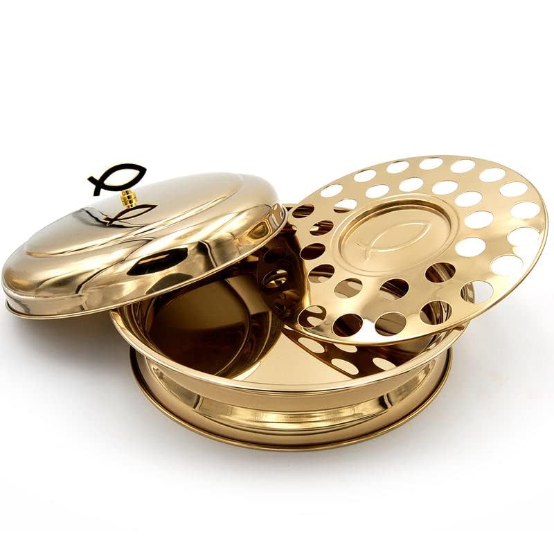 Stainless Steel Communion Tray with Bread Plate - Stackable Brass Tone Serving Tray for 33 Cups | Church Communion Supplies for Worship Services & Religious Ceremonies