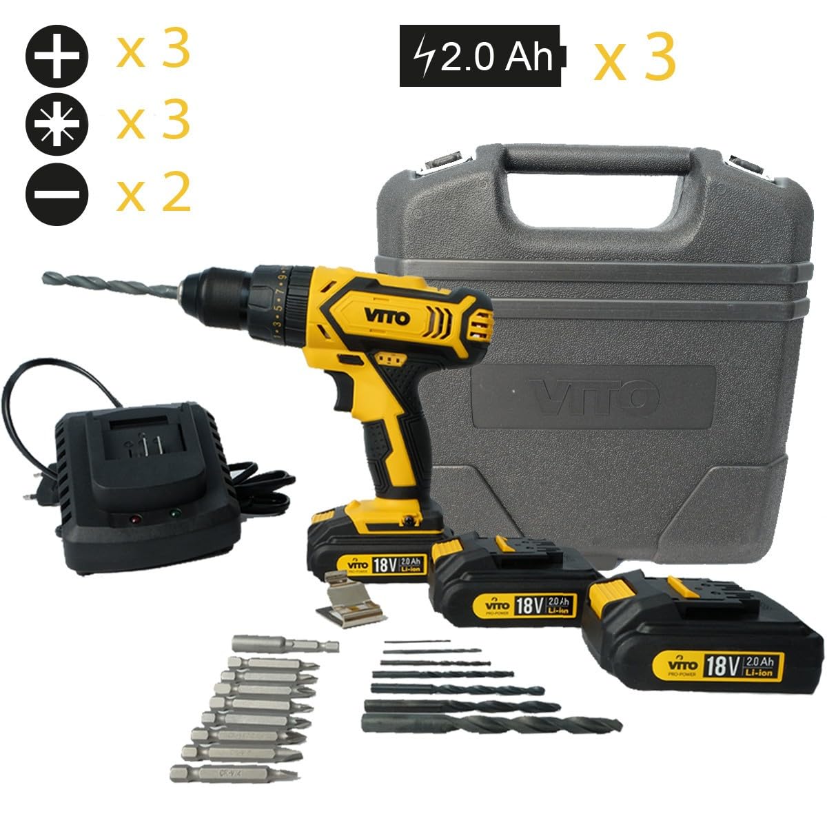 Max Drill 18V Cordless Drill Driver - Vito Pro-Power Electric Screwdriver with Lithium Battery for Home DIY, Woodworking & Construction Projects