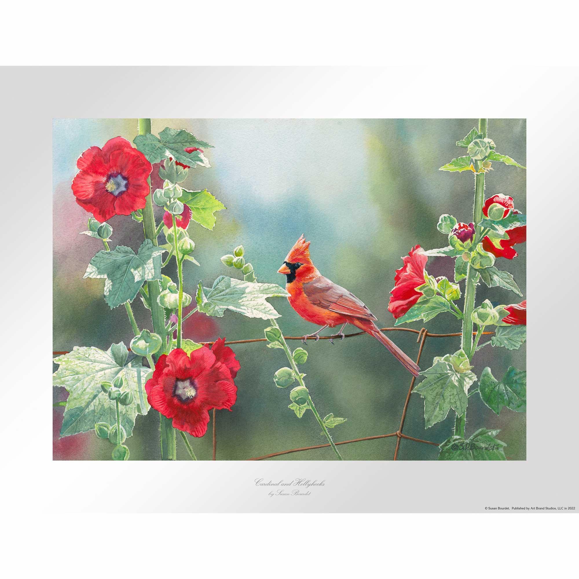 Cardinal and Hollyhocks Wall Art - Vibrant Red Bird and Flower Canvas Painting for Home Decor | Perfect for Living Room, Bedroom, and Office