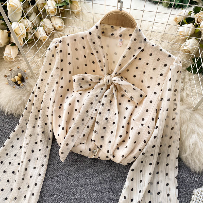 Elegant Chiffon V-Neck Bow Puff Sleeve Polka Dot Blouse for Women | Summer Casual & Party Wear | Perfect for Office, Date Night & Special Occasions