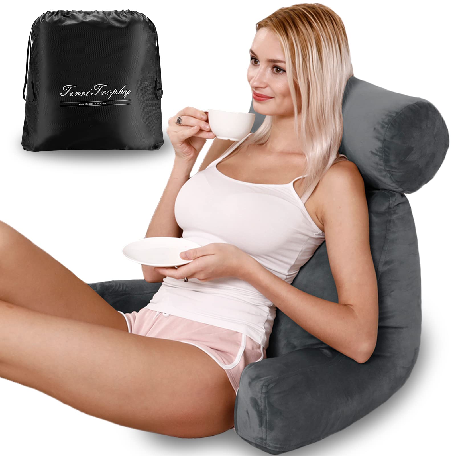 TerriTrophy Reading Pillow with Storage Bag - Back Support Pillow for Sitting in Bed, Sofa & Floor - Comfortable Backrest for Reading, Watching TV, Gaming & Relaxation