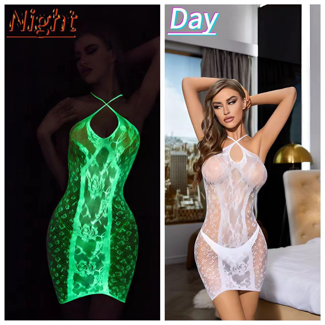DTWAWA Glow in the Dark Fishnet Stockings & Bodysuit - Sexy White Lingerie for Women, Halloween Costume, Cosplay, Nightclub Party Outfit