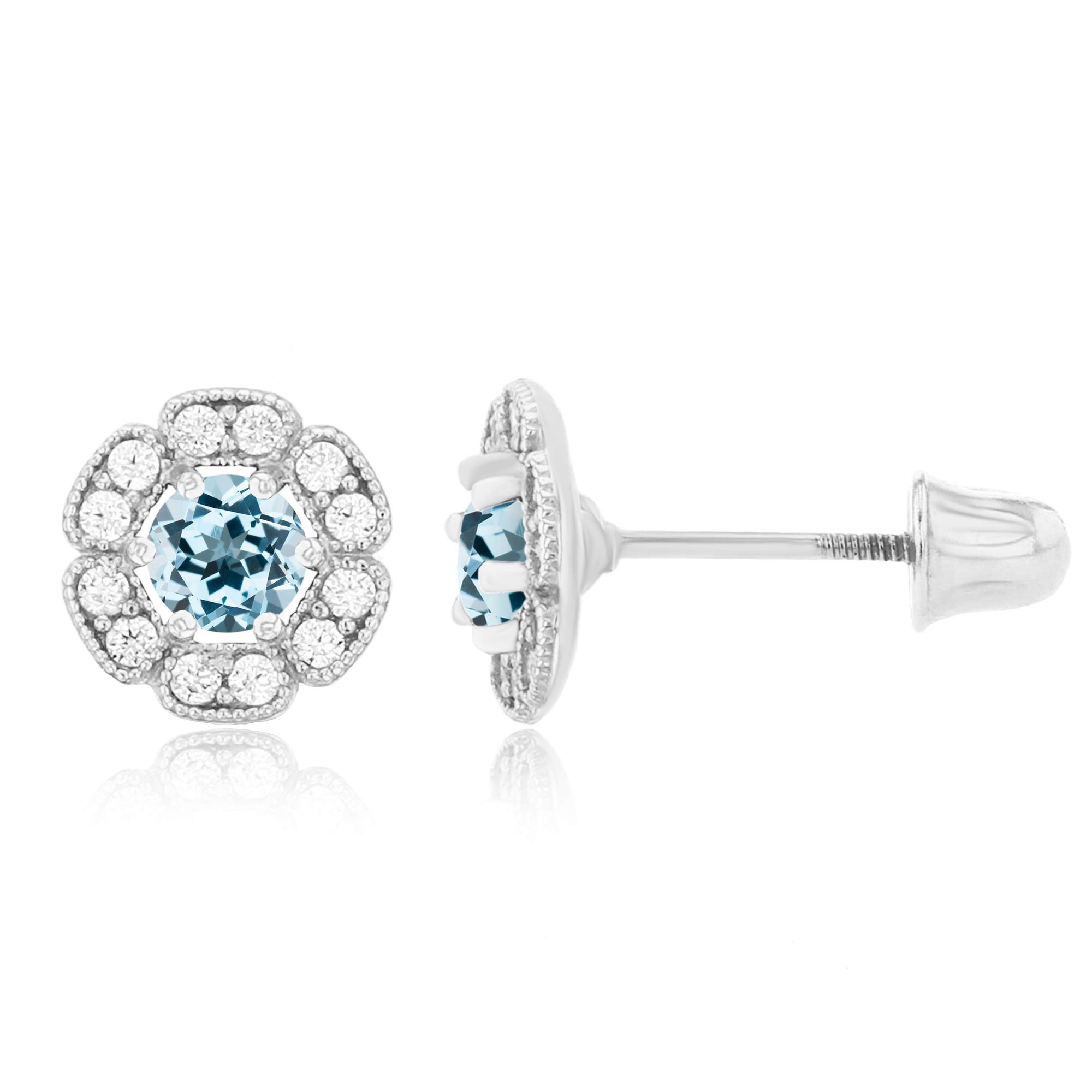 14K Solid Gold 6mm Natural Birthstone Flower Screwback Stud Earrings for Women | 7mm Round Birthstone | 1mm Created White Sapphire Flower Earrings | Perfect for Birthdays, Anniversaries & Everyday Elegance