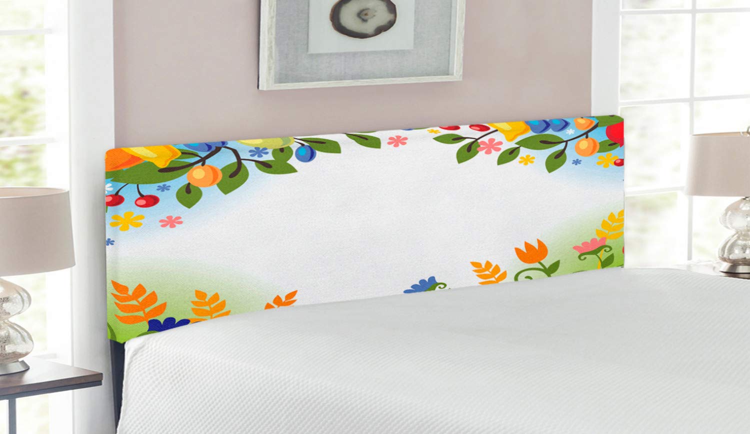 Ambesonne Queen Size Upholstered Metal Bed Headboard with Memory Foam - Fall Harvest Nature Inspired Design with Colorful Fruits, Flowers, Berries and Leaves - Perfect for Autumn Bedroom Decor and Cozy Farmhouse Style