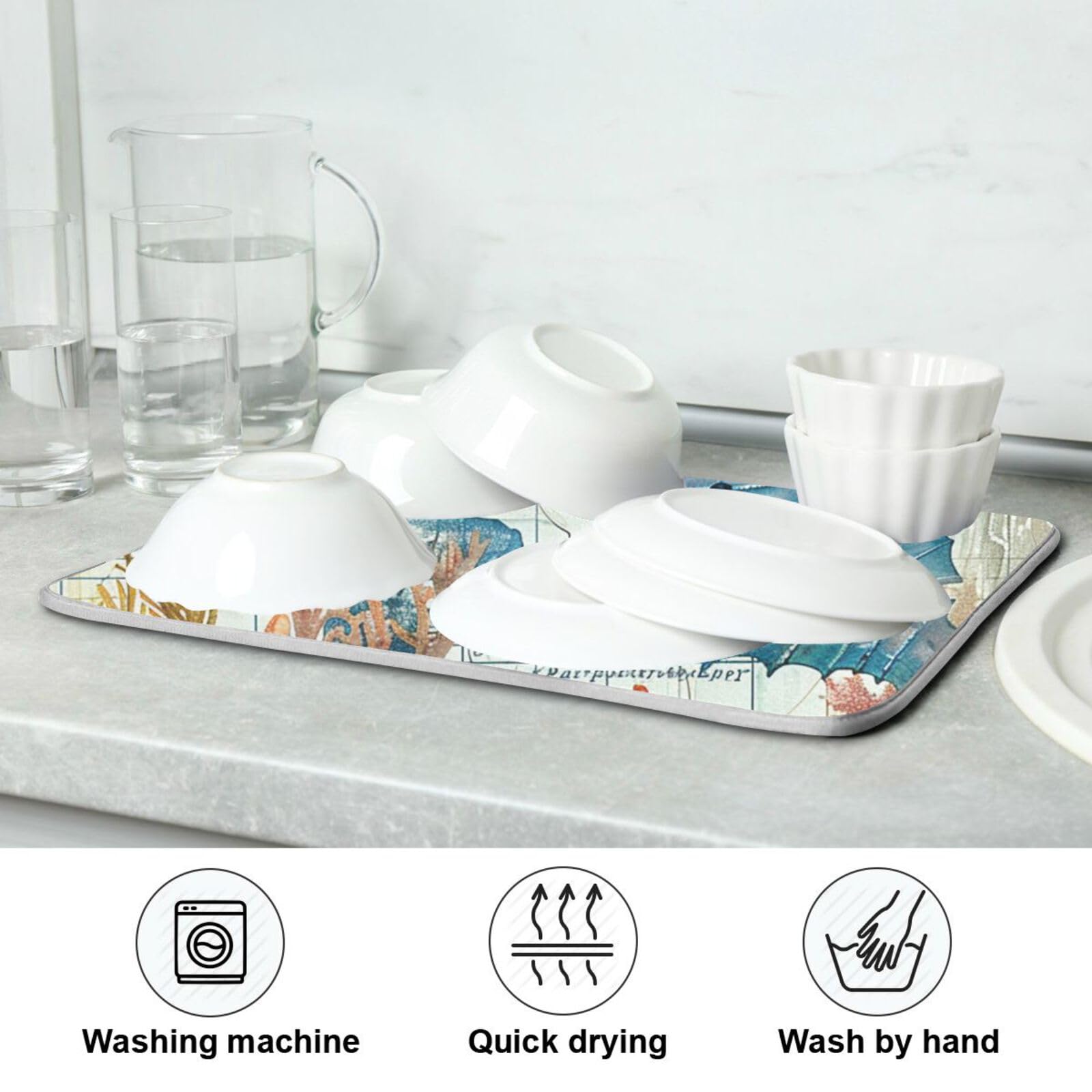 Retro Map Microfiber Dish Drying Mat 16x18in - Absorbent Kitchen Counter Mat for Fast Drainage | Perfect for Coastal-Themed Kitchens