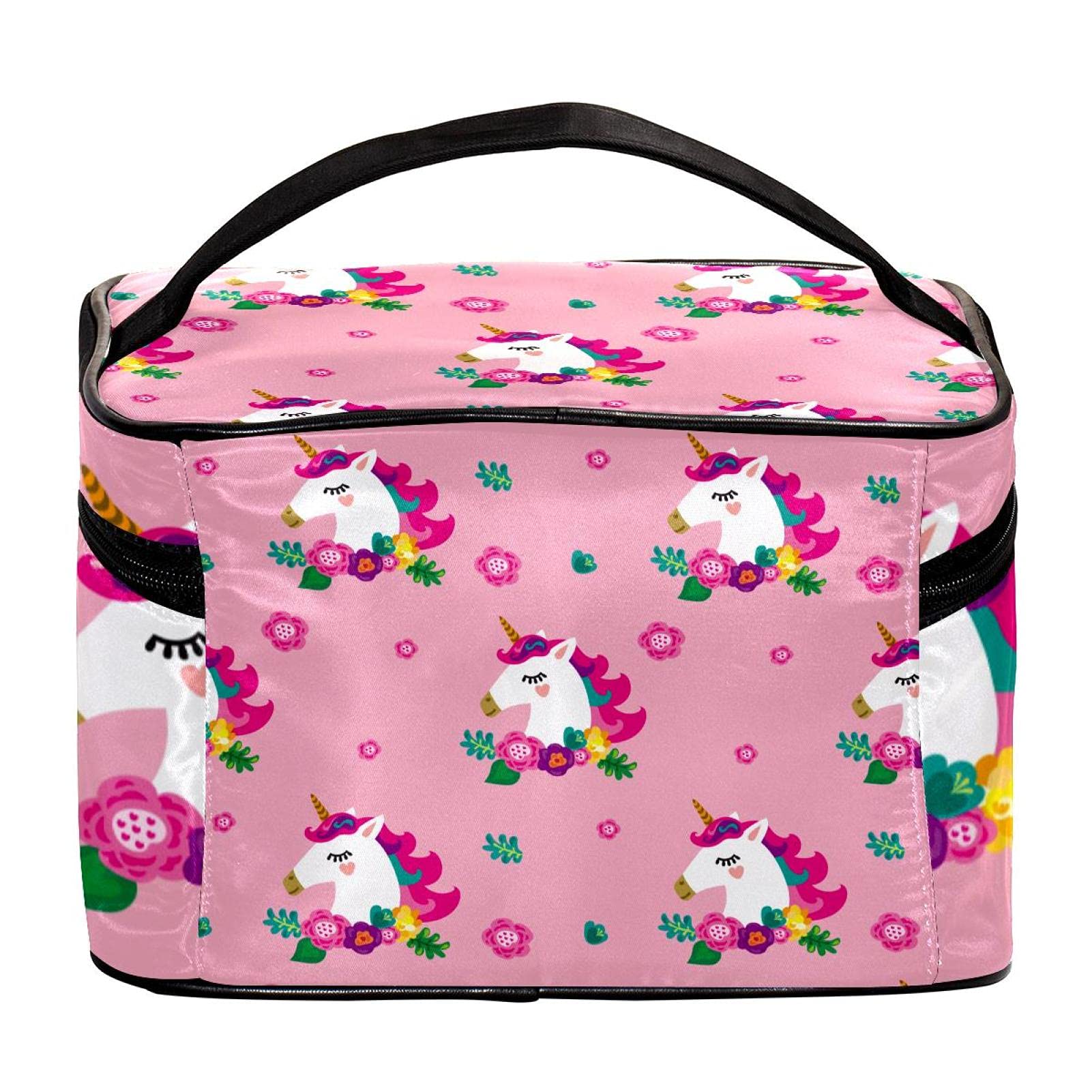 Pink Floral Unicorn Travel Makeup Bag - Large Cosmetic Organizer with Zipper for Women & Girls | Perfect for Vacation, Gym, School & Daily Essentials Storage