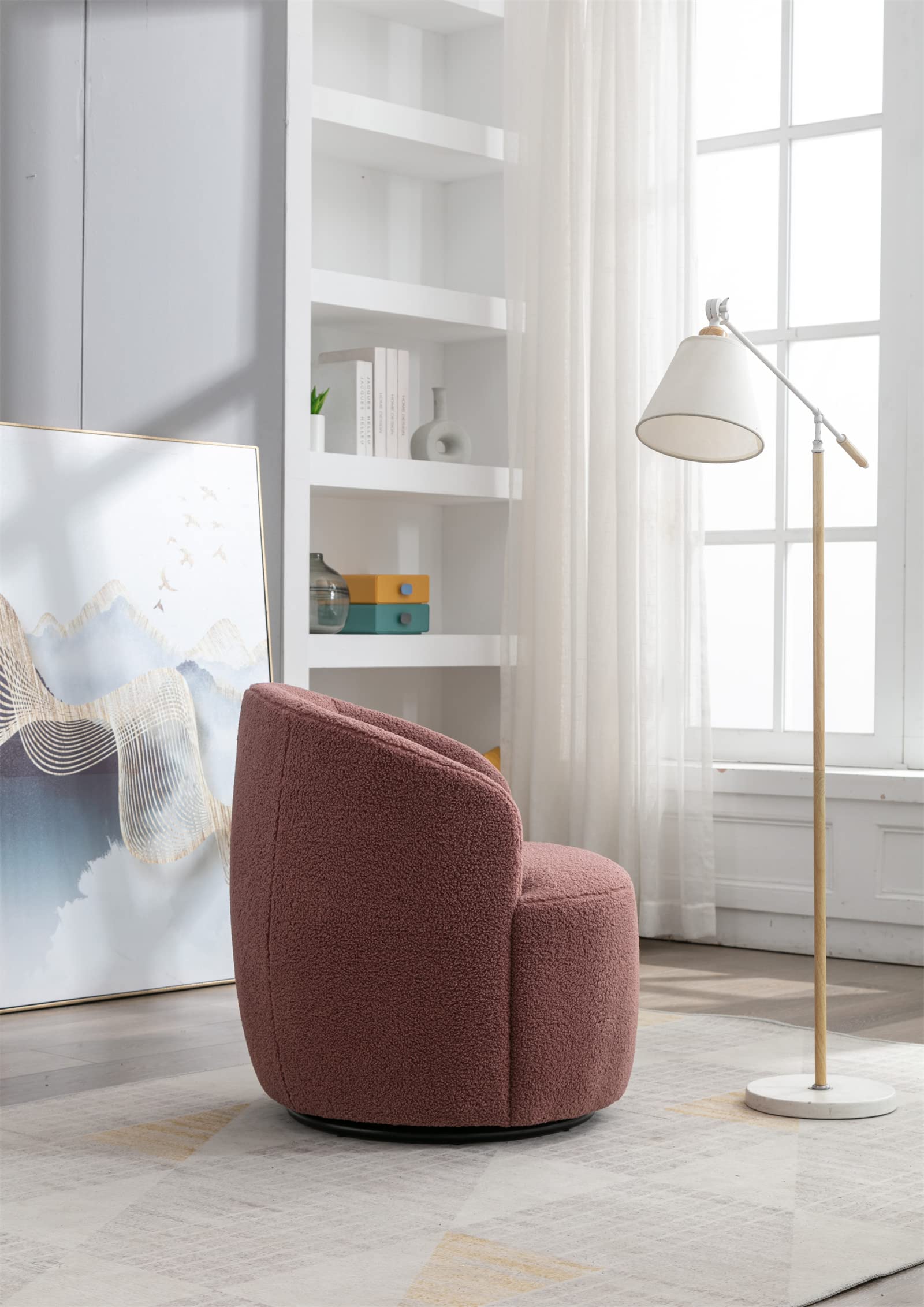 JINS&VICO Modern Swivel Barrel Chair - Teddy Fabric Upholstered Accent Armchair with 360° Metal Swivel Base, Round Single Leisure Sofa Chair for Living Room, Bedroom & Office - Dark Red - Perfect for Reading Nooks, Coffee Shops and Cozy Home Decor