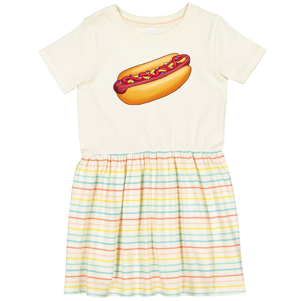Inktastic Hot Dog Print Toddler Dress - Cute Mustard, Onions & Ketchup Design for Baby Girls | Perfect for Playdates, Birthday Parties & Summer Outfits