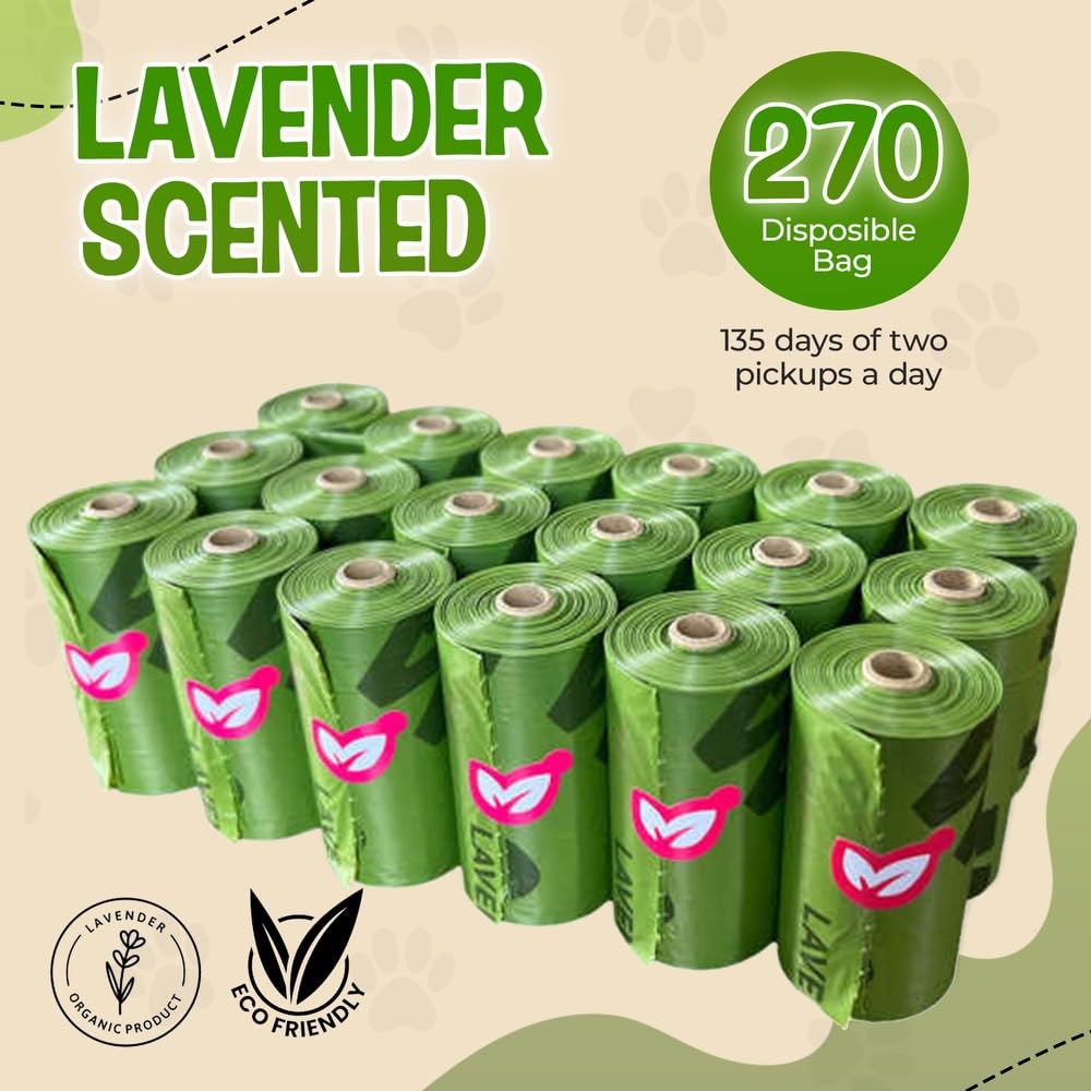 Premium Lavender Scented Dog Poop Bags - 270 Count Leak-Proof, Extra Thick & Strong Waste Bags (9” x 13”) for Large Dogs & Cats | Ideal for Walks, Park Visits & Backyard Cleanup