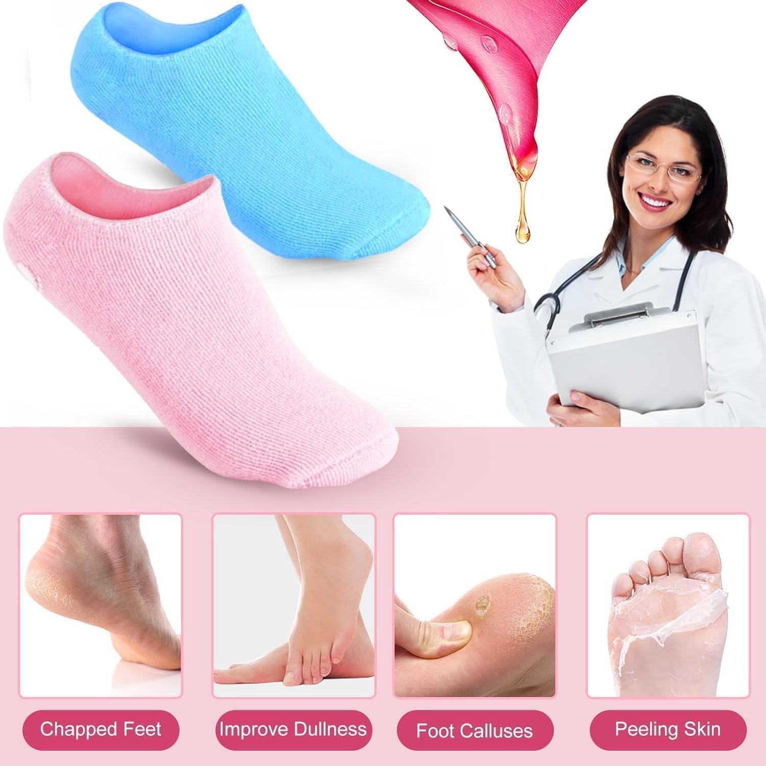 JOYHILL Moisturizing Gel Socks for Dry Cracked Feet - Heel Repair & Spa Care for Women/Men - Pink