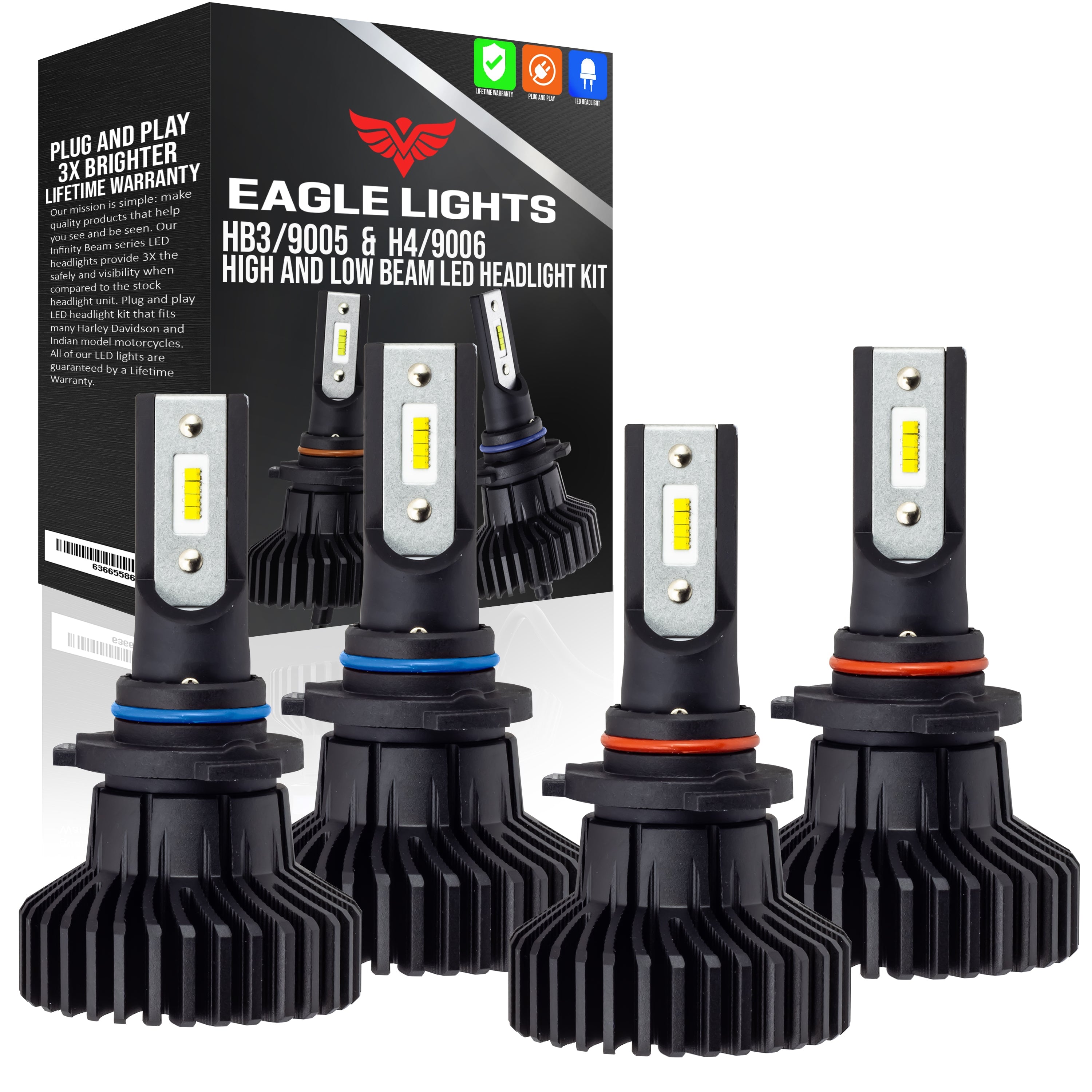 Eagle Lights Infinity Beam HB4/9006 Low Beam & HB3/9005 High Beam LED Headlight Bulb Combo Pack - 4 Pack - High Performance LED Headlights for Cars, Trucks, SUVs - Perfect for Night Driving and Off-Road Adventures