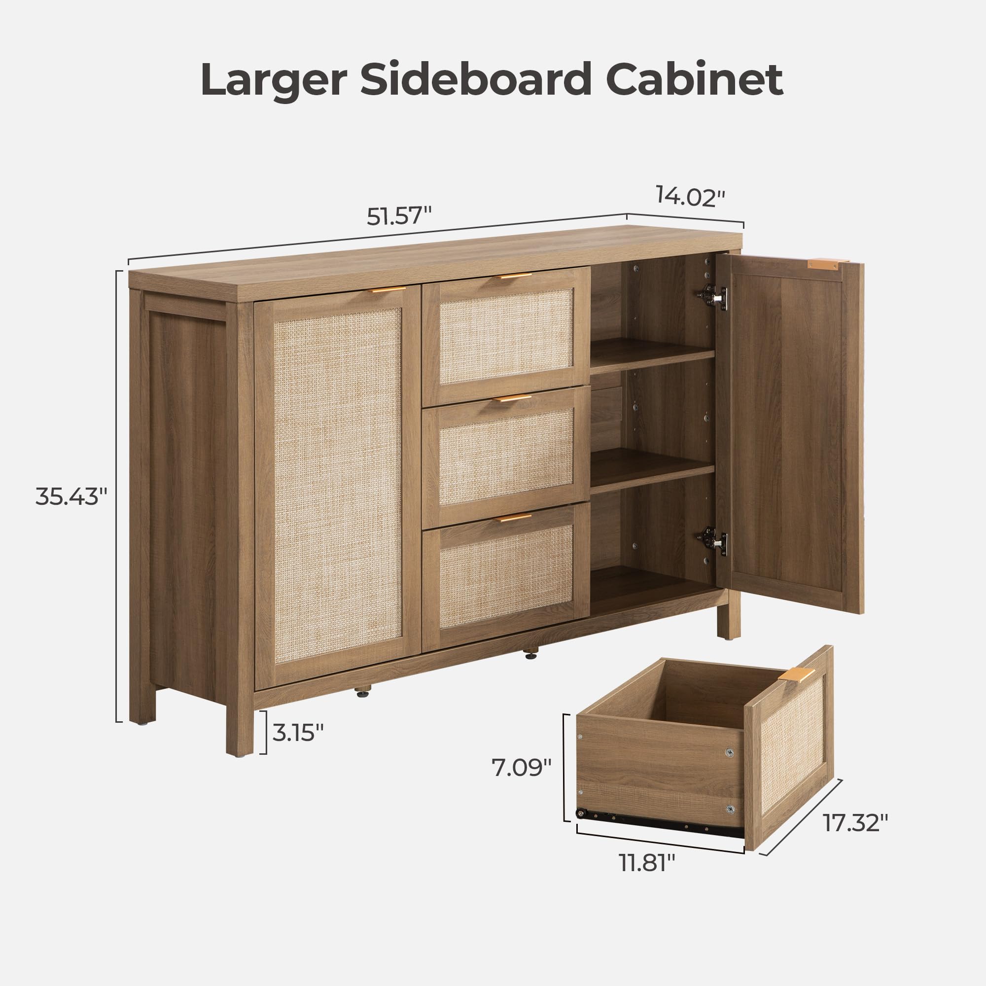SICOTAS Rattan Large Sideboard Buffet Cabinet with Storage - Farmhouse Style Credenza with 3 Drawers & 2 Doors, Boho Wooden Console Coffee Bar Cabinet for Living Room, Kitchen, Entryway - Perfect for Home Decor, Storage Solution and Entertaining Guests