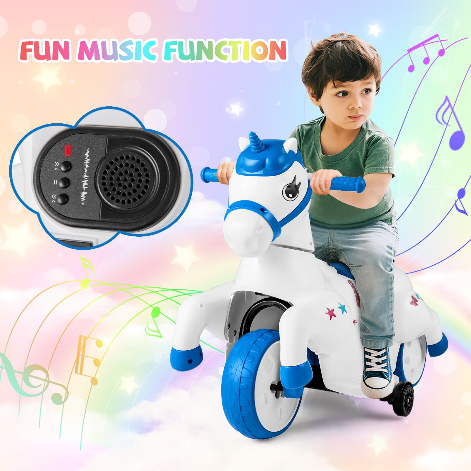HONEY JOY 12V Unicorn Ride-On Toy for Kids - 3-Wheel Battery Powered Electric Pony Car with Training Wheels, Music & Up/Down Motion - Perfect Birthday Gift for Boys & Girls (Blue) - Great for Indoor Play, Backyard Fun & Preschool Learning Activities