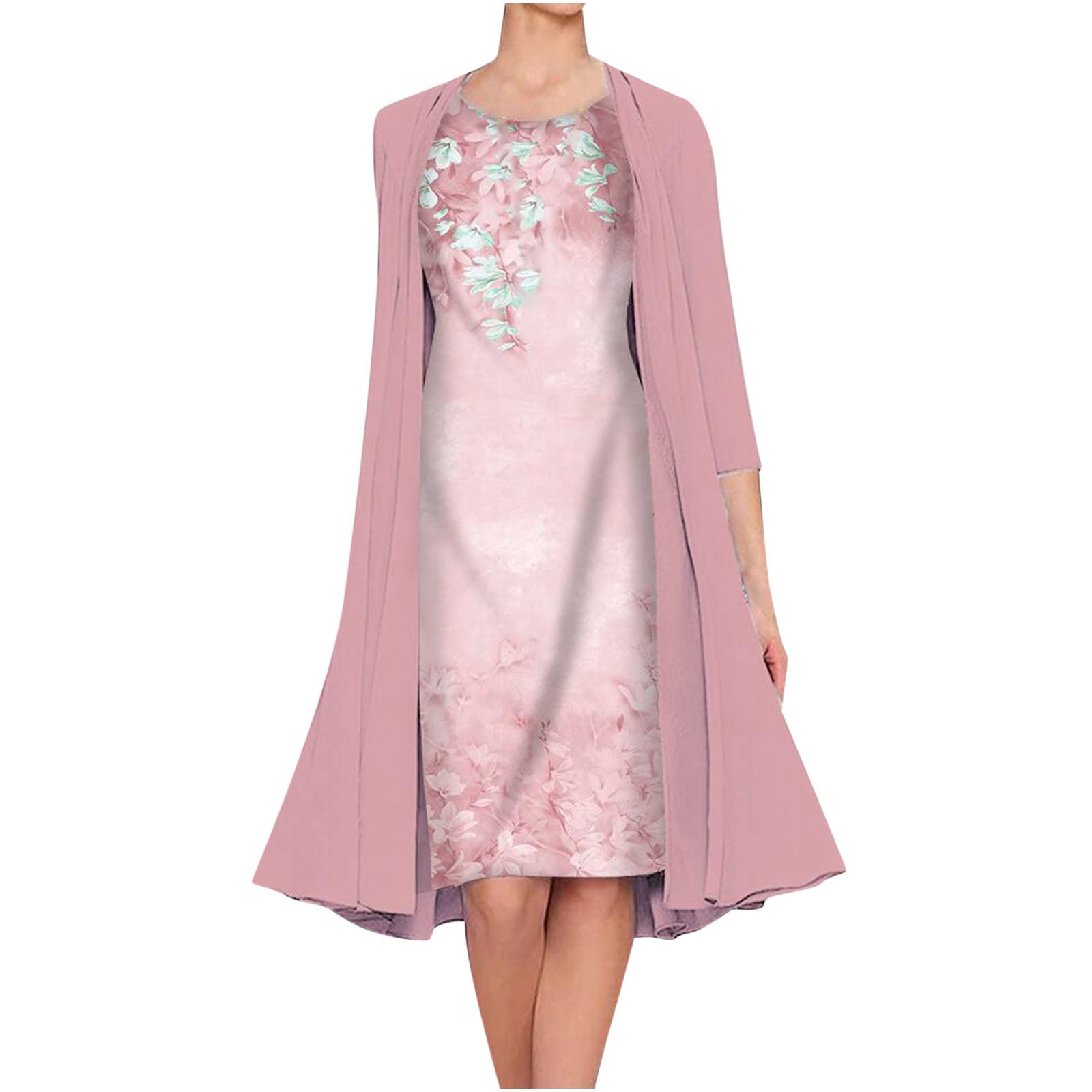Women's Summer Maxi Dress Two Piece Set - Floral Print Chiffon Long Dress with Round Neck Cardigan | Wedding Guest, Beach Vacation, Party Outfit