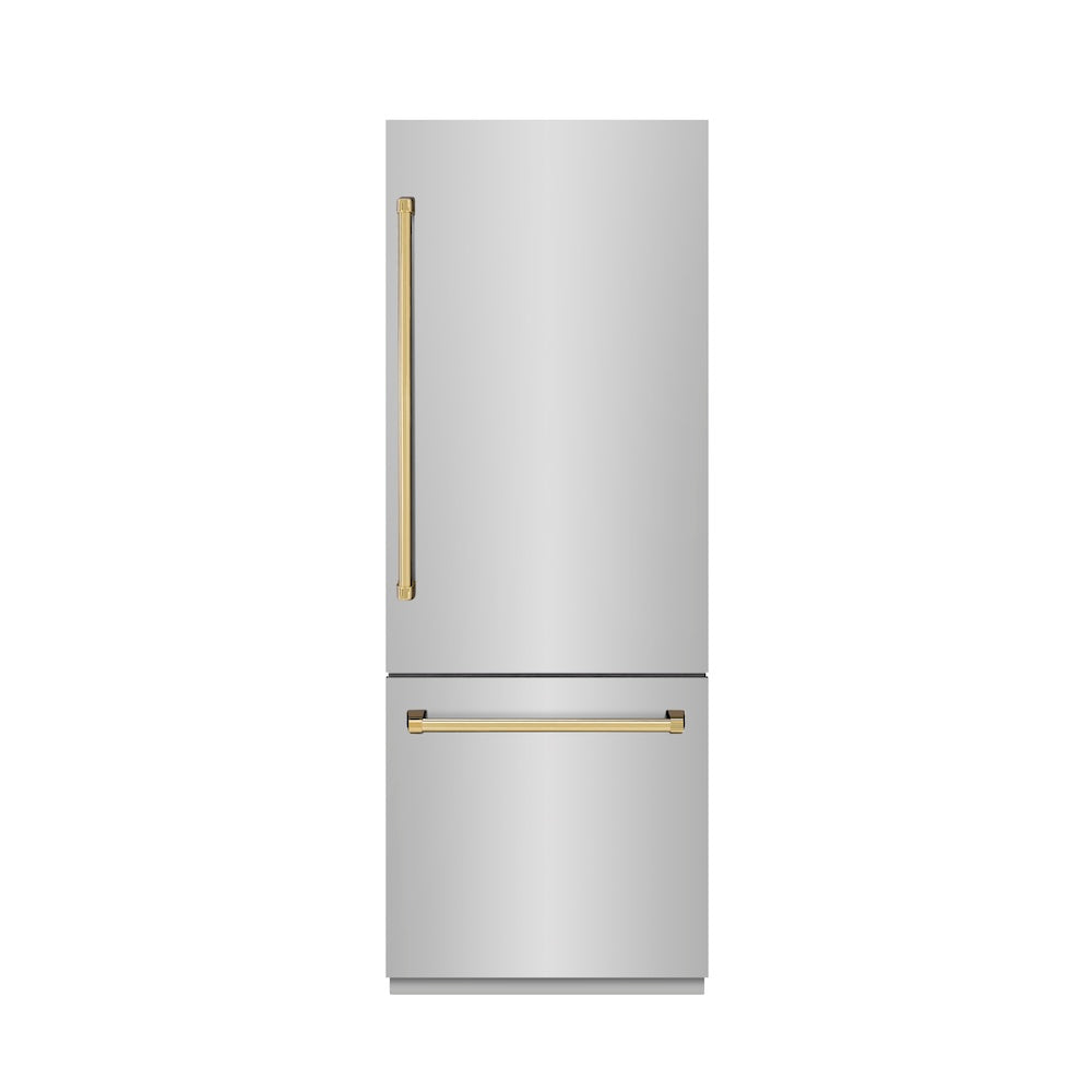 ZLINE Autograph Edition 30 Inch Built-In Bottom Freezer Refrigerator - 16.1 cu ft Capacity, Stainless Steel with Graphite Gray Interior & Polished Gold Accents - Water Dispenser & Ice Maker - Perfect for Modern Kitchens & Open-Concept Homes (GRBIVZ 304 30G)