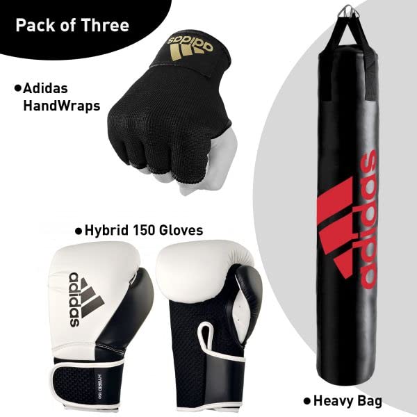 Adidas Heavy Boxing Bag Set with Hybrid 150 Gloves & Protective Inner Gloves - Home Gym Training Equipment for Boxing, Kickboxing & MMA - Red/Gold/White/Black - 10oz/12oz/16oz Gloves & 4ft/5ft Bags - Perfect for Home Workouts, Martial Arts Training & Fitness Routines