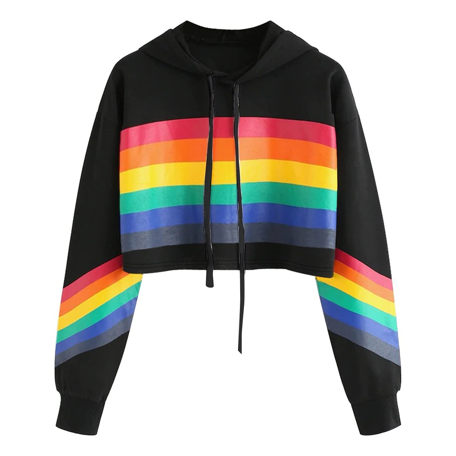 Women's Rainbow Print Cropped Hoodie - Long Sleeve Stretch Pullover Sweatshirt for Casual Wear & Active Lifestyle | Gym, Yoga, Running, Streetwear Fashion