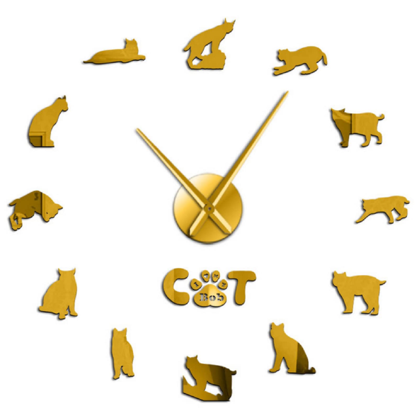 Happy Wind Bob Cat Breed Giant 3D DIY Wall Clock - 37 Inch Animal Lover Wall Art Decor for Living Room, Bedroom & Office - Unique Kitten Design Mirror Surface Wall Sticker