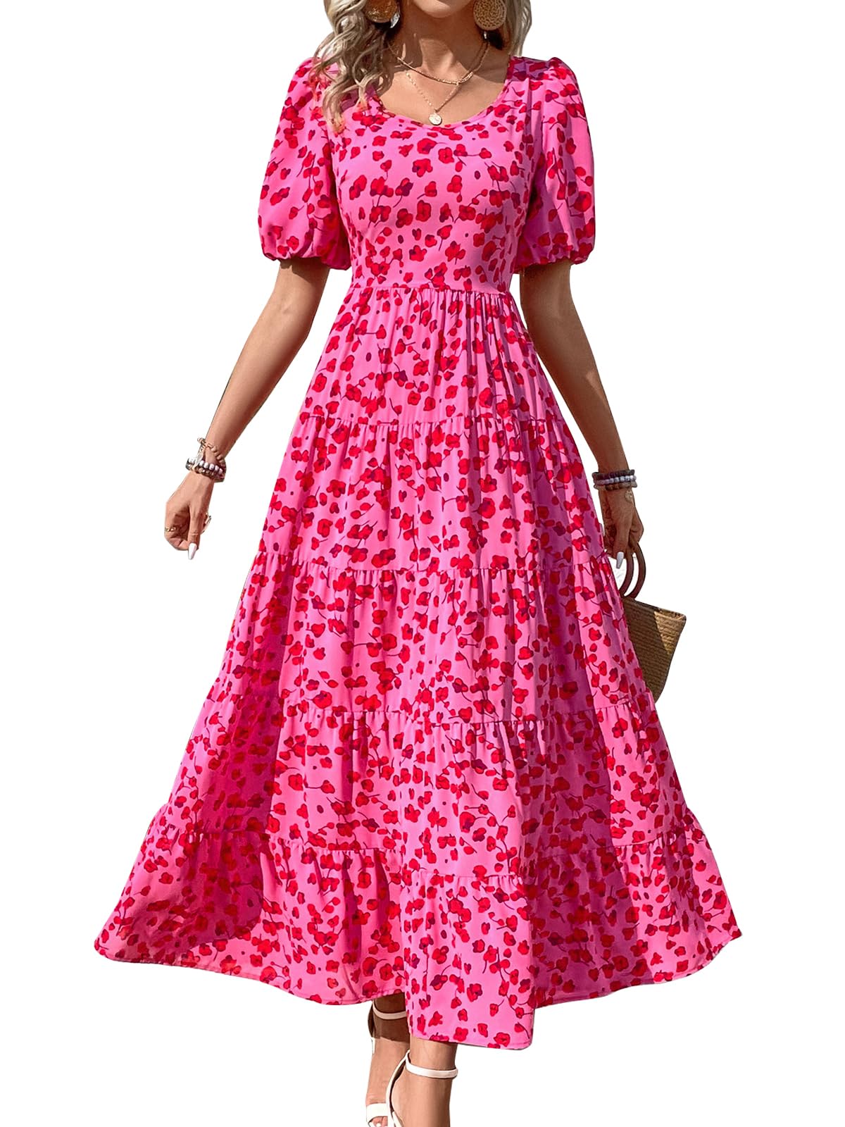 PRETTYGARDEN Women's Floral Summer Dress 2025 - Puff Sleeve, Smocked Backless, Flowy Tiered Maxi Dress for Beach, Vacation & Casual Wear | Boho Chic Style