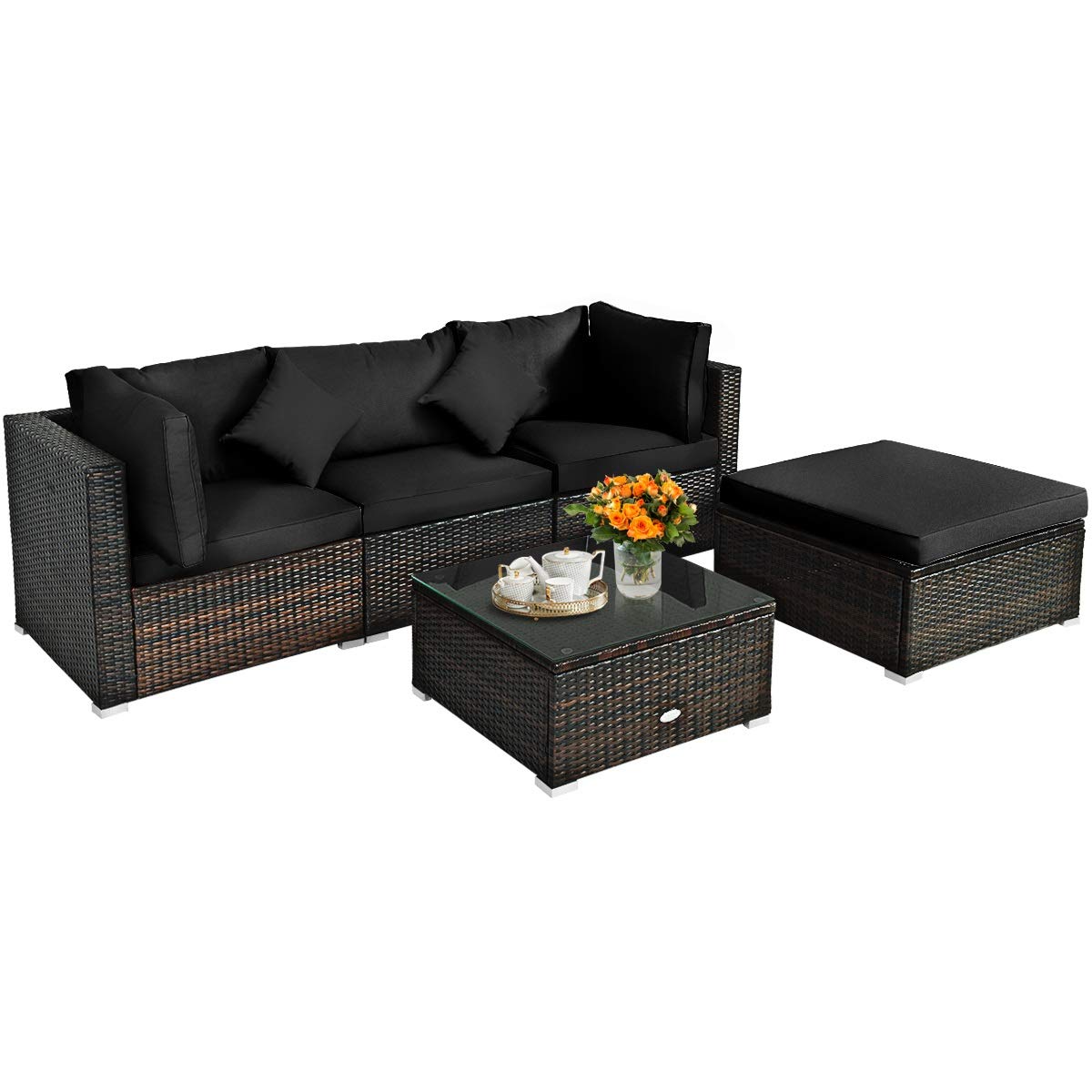 HAPPYGRILL 5-Piece Outdoor Patio Furniture Set - Rattan Wicker Sectional Sofa with Ottoman, Tempered Glass Table & Cushions - Perfect for Garden, Lawn, Balcony, Backyard & Poolside Relaxation
