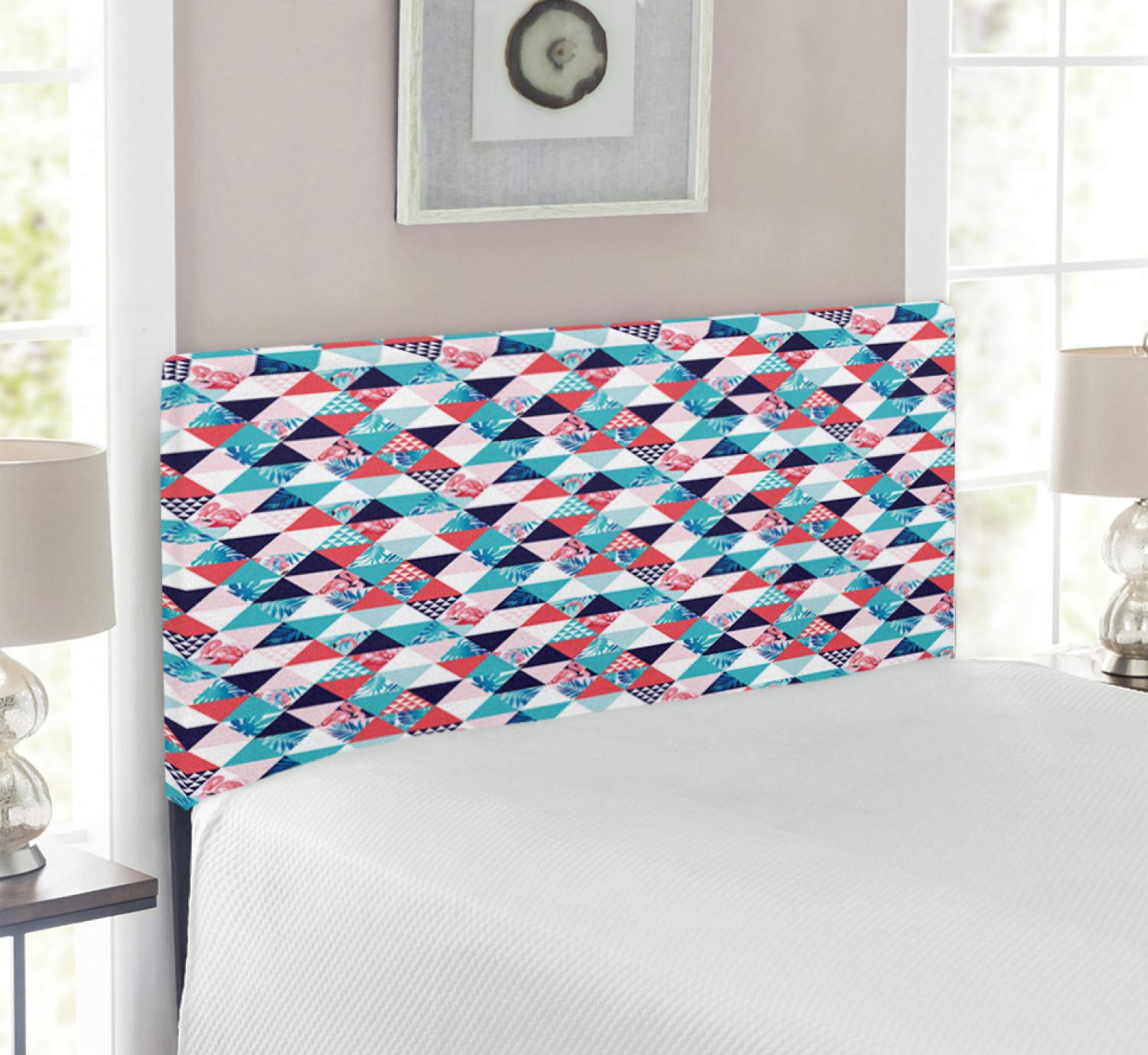 Ambesonne Flamingo Headboard - Geometric Triangle Beach Design Upholstered Metal Bed Frame with Memory Foam | Twin Size Multicolor Headboard for Coastal & Bohemian Bedroom Decor