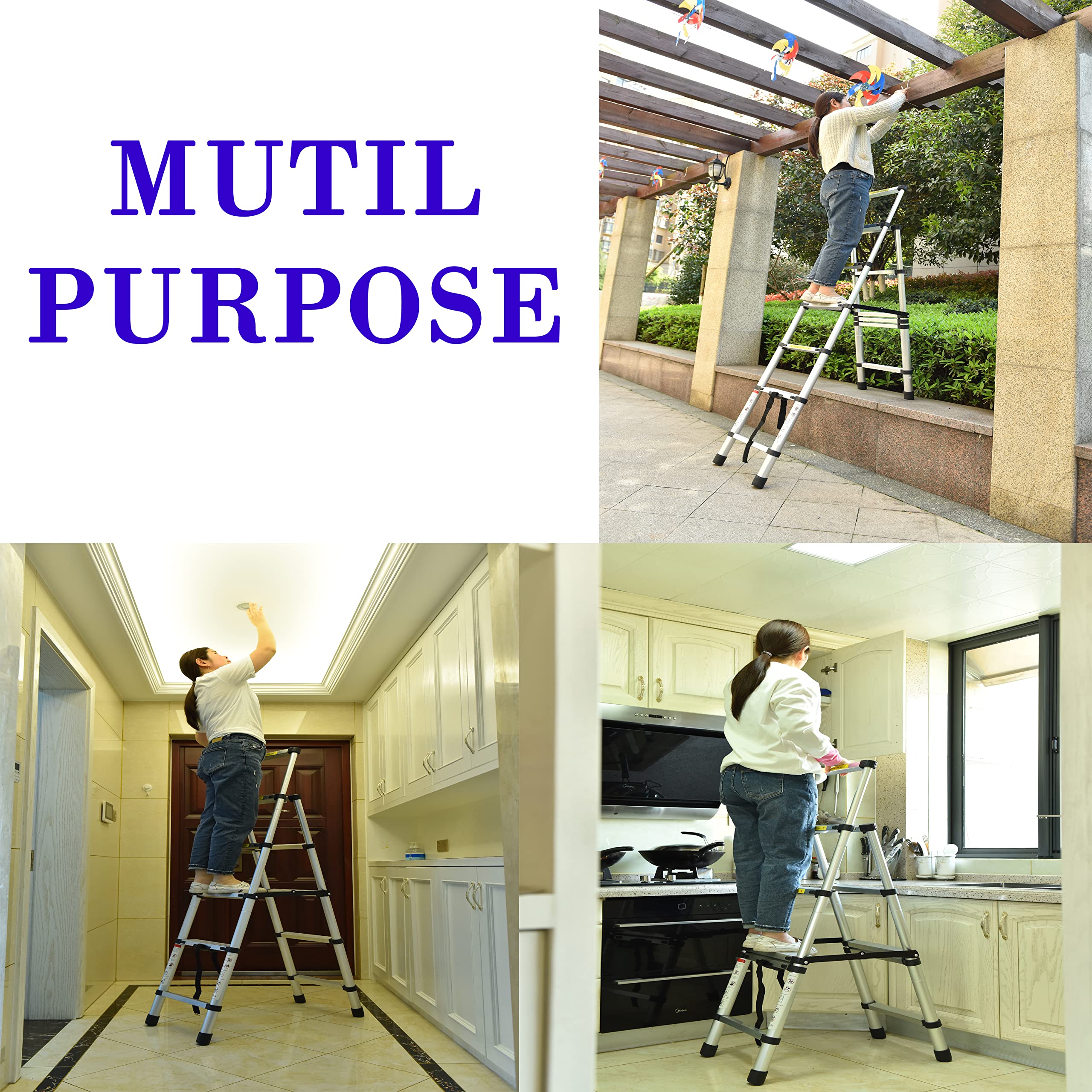 Heavy Duty Telescoping Ladder 150kg Capacity - 4 Step Aluminum A-Frame Ladder with 5 Folding Handgrip & Wide Platform for Home, Office, Warehouse - Perfect for Window Cleaning, Painting, Roof Work & DIY Projects