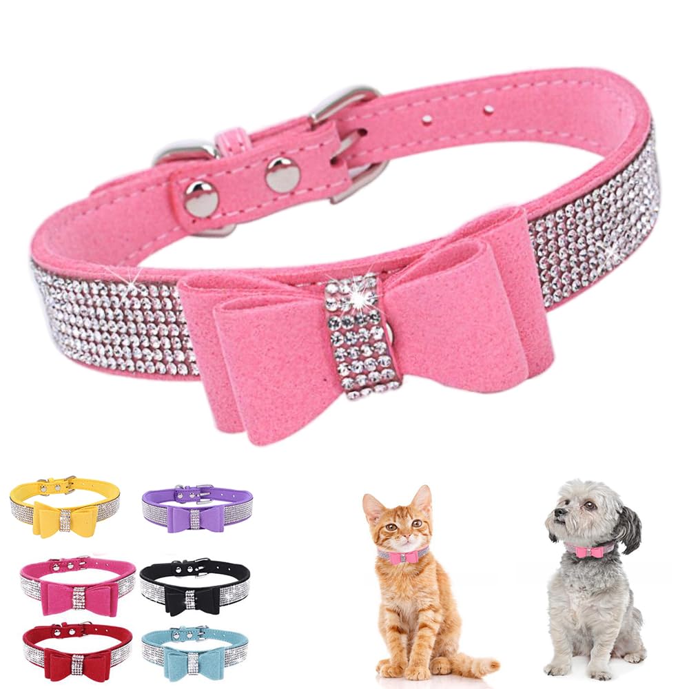 Sparkly Rhinestone Dog Collar with Bowtie - Adjustable Pet Collar for Small, Medium & Large Dogs, Cats & Puppies - Elegant Bling Crystal Jewelry for Female Pets - Perfect for Parties, Weddings & Special Occasions