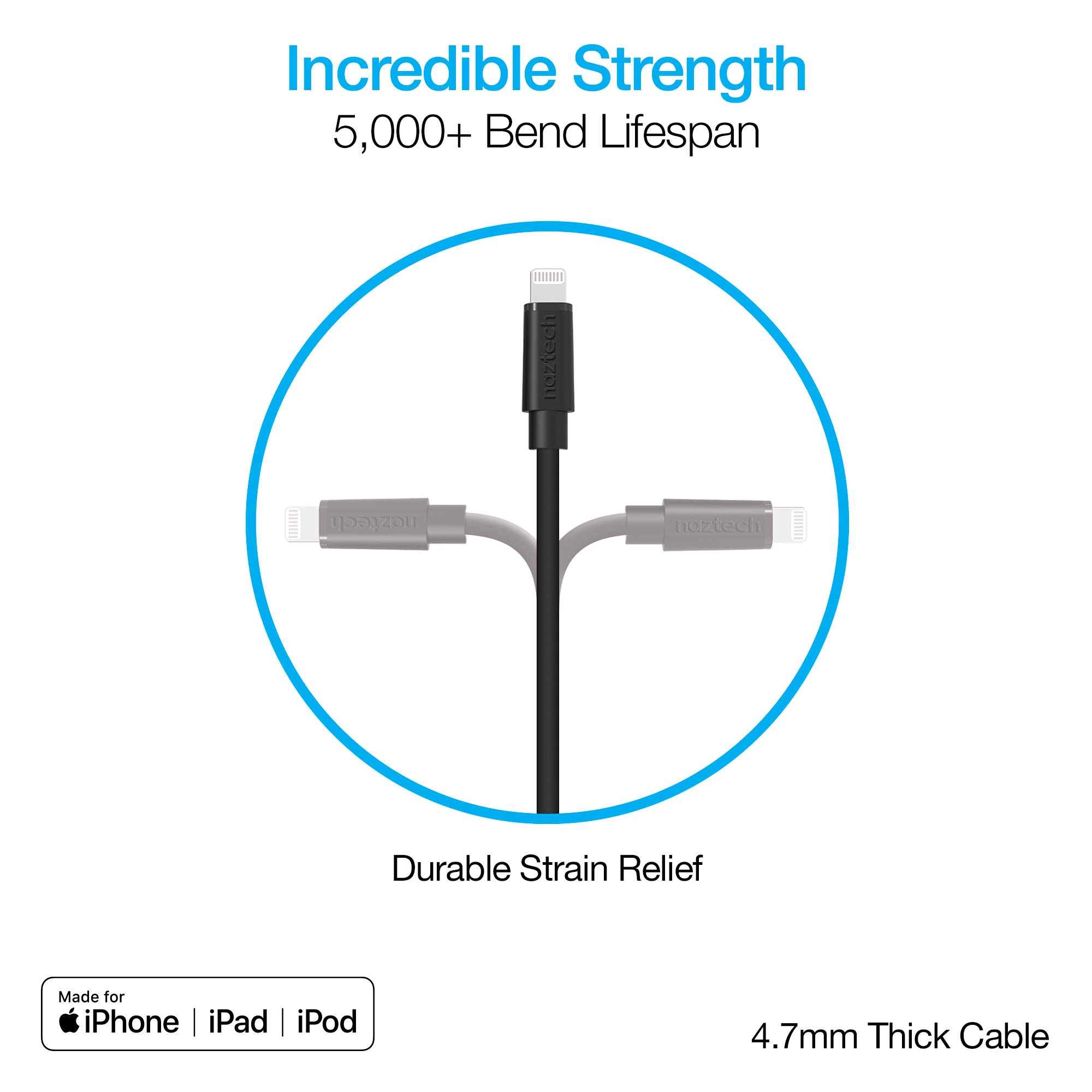 Naztech MFi Certified Lightning Cable - 12ft Fast Charging USB-C to Lightning Cable for iPhone 14/13/12/11/X/8, iPad - Durable & Rounded Design - Super Fast Charging Cord - Black - Perfect for Home, Office, Car & Travel Use