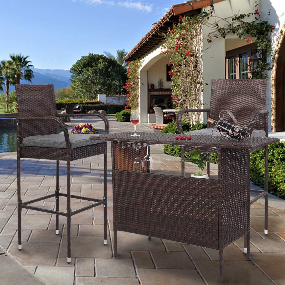 VINGLI 2-Piece Outdoor Wicker Bar Stool Set with Cushions - 30