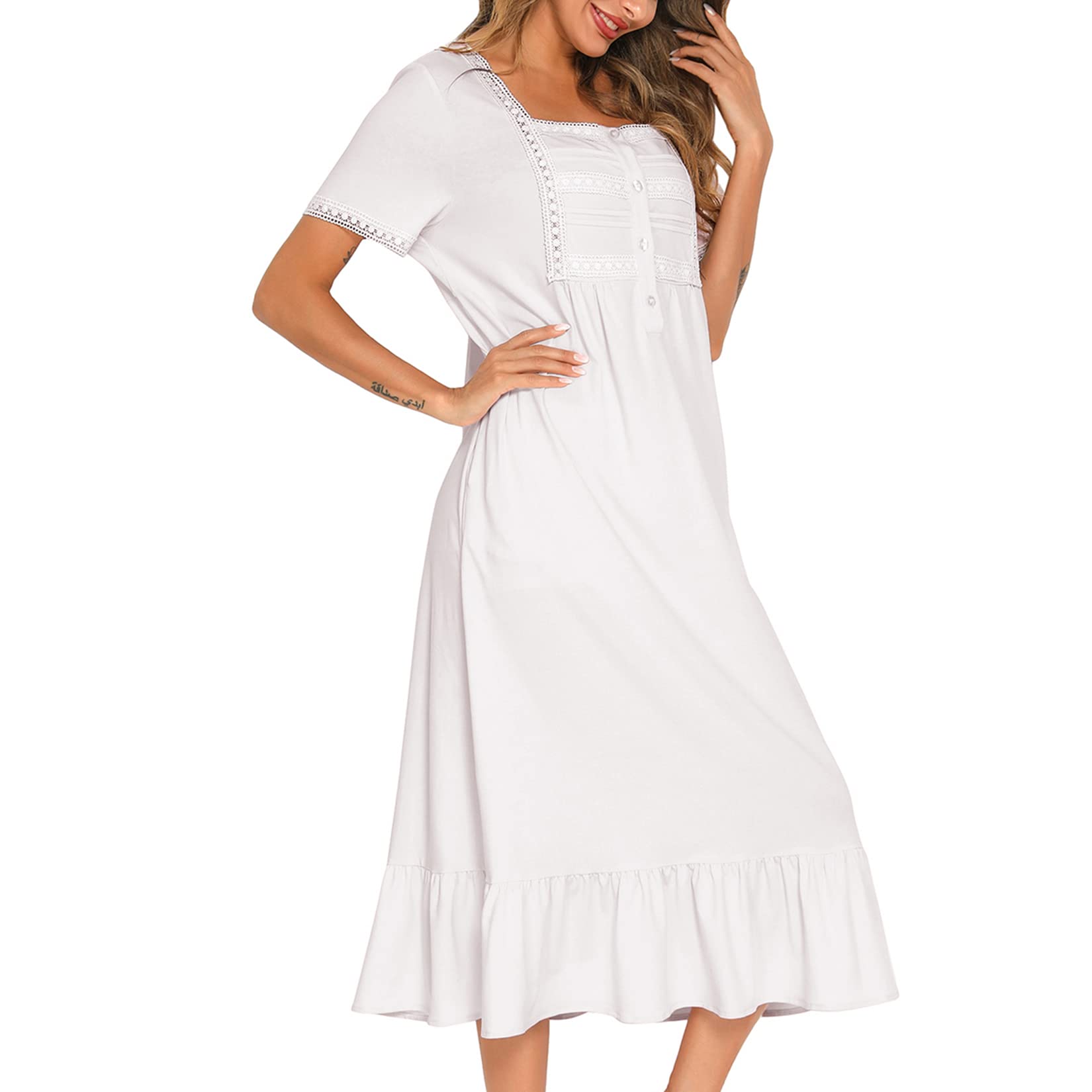 Victorian Cotton Nightgown for Women - Soft Long Sleep Dress with Short Sleeves, Elegant Princess Pajama Top - Perfect for Relaxing at Home, Romantic Getaways & Cozy Bedtime Comfort