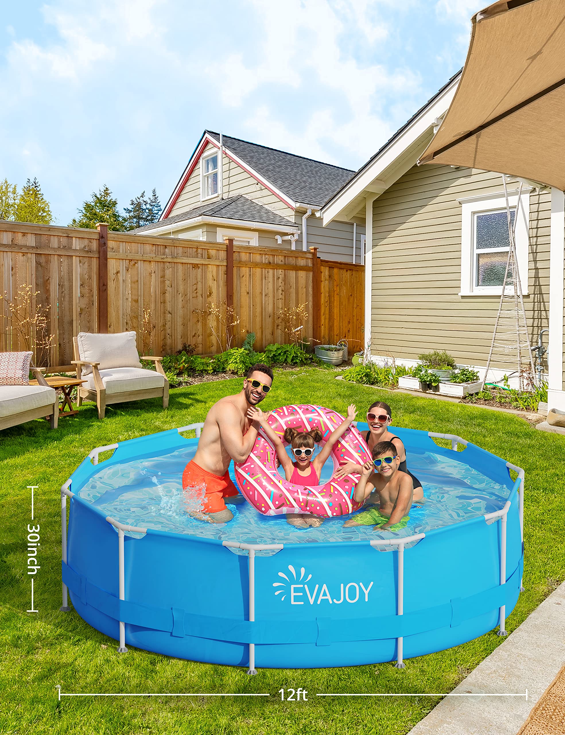 EVAJOY 12ft x 30in Metal Frame Above Ground Swimming Pool - Heavy-Duty Steel Frame & PVC Material for Backyard, Garden, Lawn - Easy Setup Outdoor Round Pool for Family Fun, Summer Parties & Kids Play
