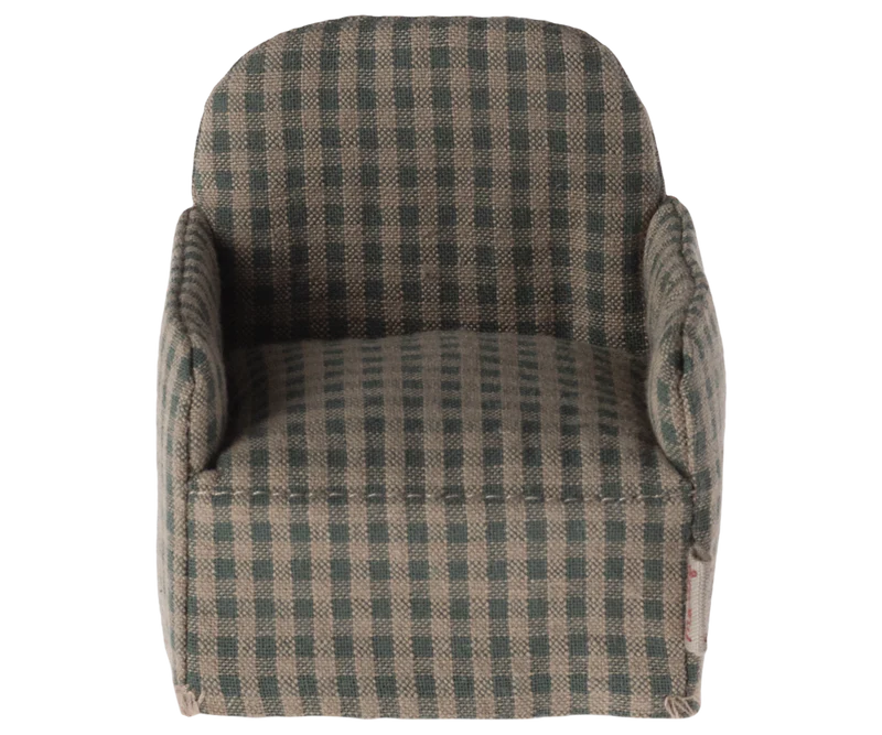 Maileg Green Checker Chair & Mouse Set - Adorable Miniature Play Furniture for Dollhouses & Kids' Pretend Play