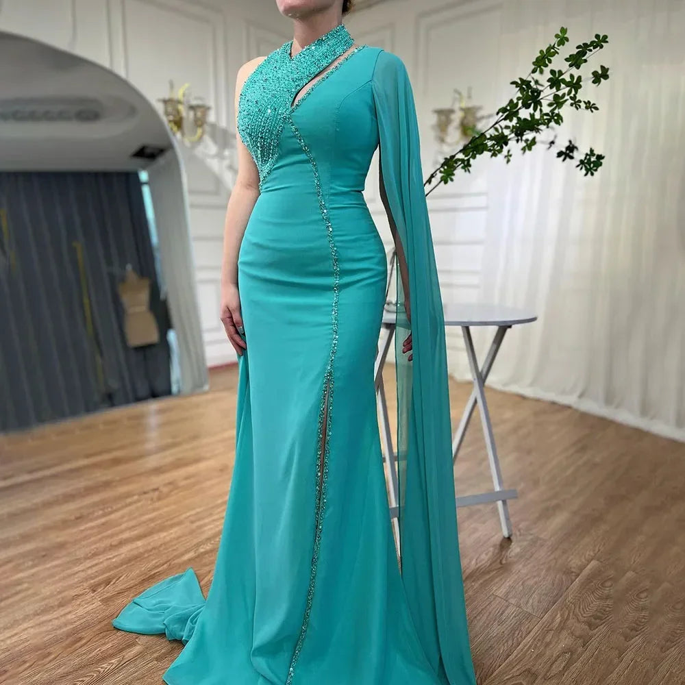 Elegant Turquoise Green Chiffon Evening Dress with Cape Sleeves - Dubai Style LA72101 for Women's Party & Formal Events
