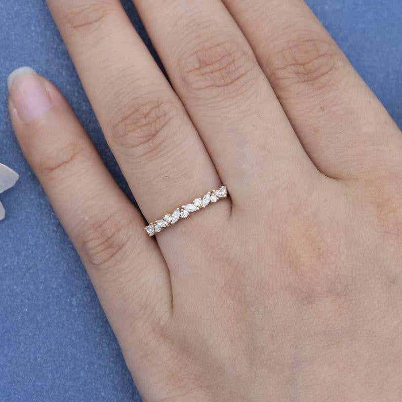 Vintage Cluster Moissanite Ring for Women - 14K Yellow Gold Marquise Stackable Wedding Band, Art Deco Inspired Jewelry for Bridal, Anniversary, and Special Occasions