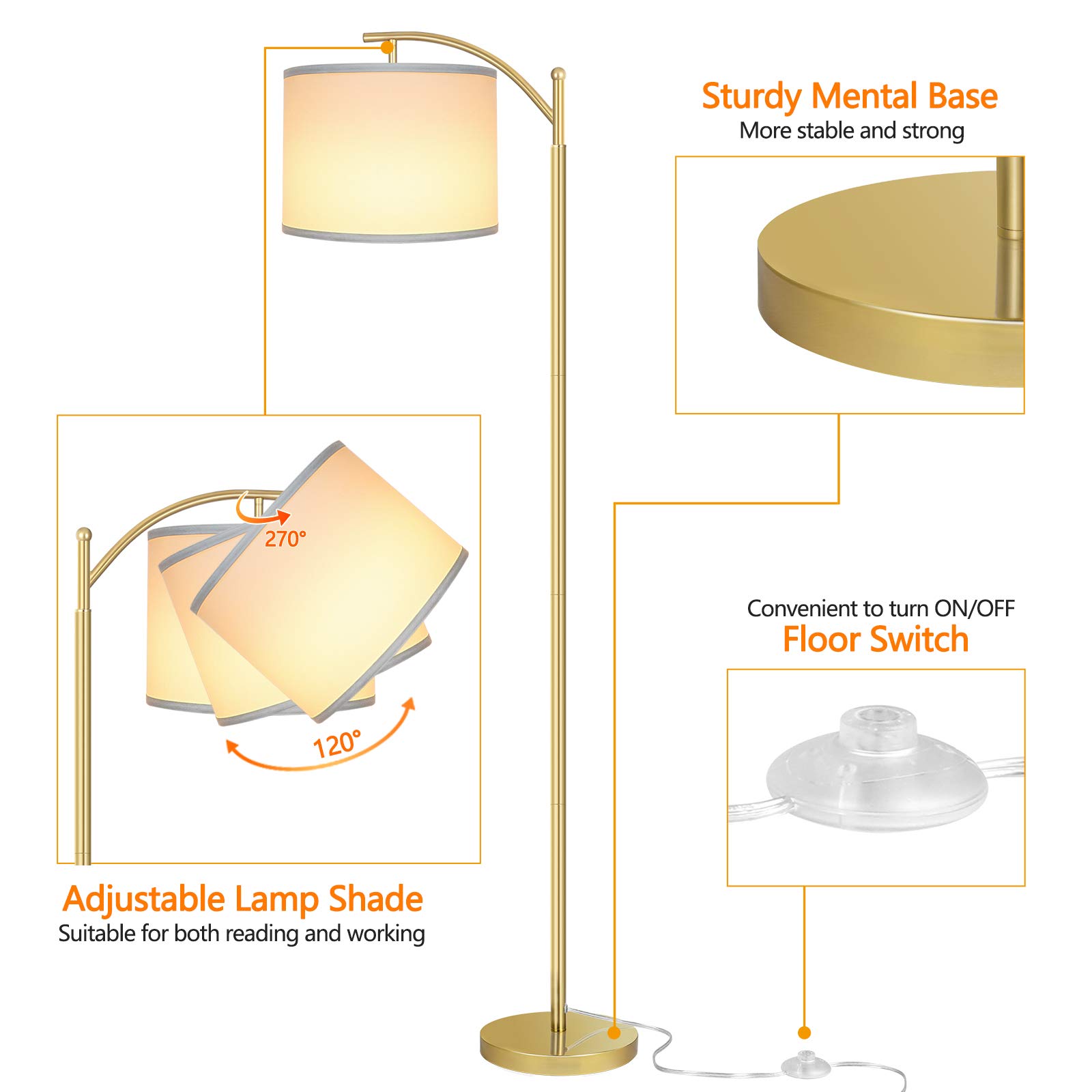 ROTTOGOON Modern LED Floor Lamp with White Shade - 9W Bulb Included, Industrial Standing Light for Living Room, Bedroom, Office & Study - Gold Finish | Perfect for Reading, Working & Ambient Lighting