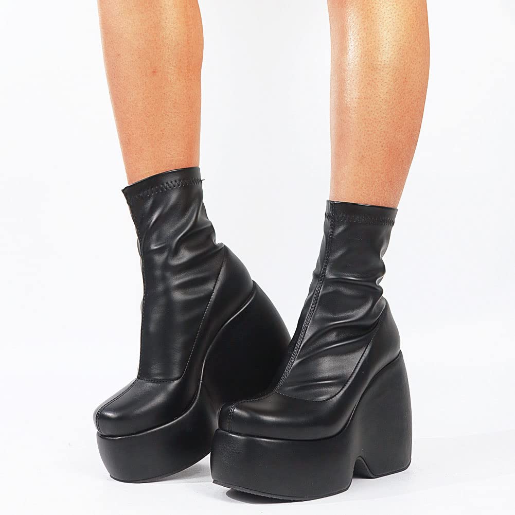 Women's FemFlame Platform Boots - Black Gothic Punk Block Heel Mid Calf Combat Motorcycle Boots | Stylish & Comfortable for Everyday Wear, Concerts & Night Out