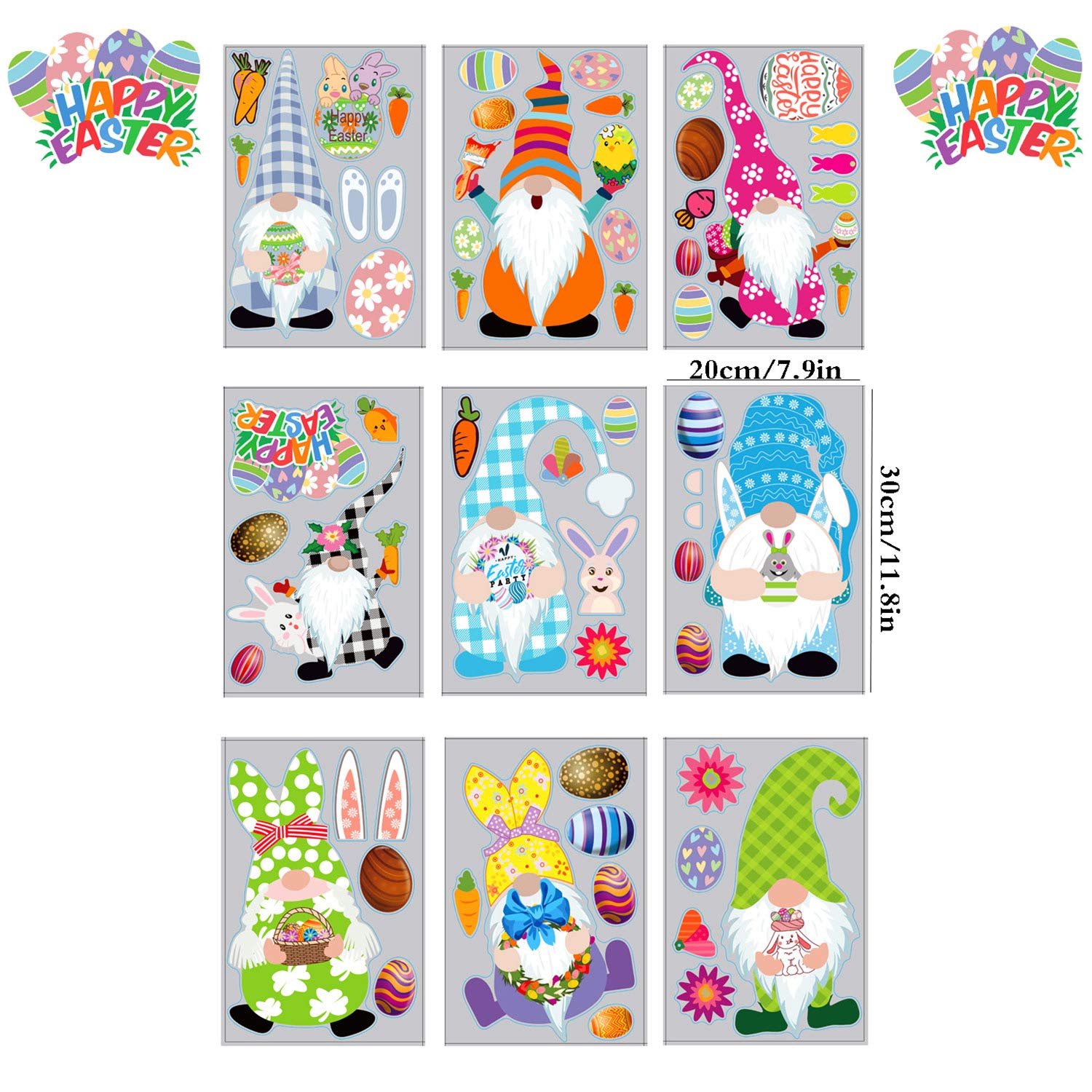 9 Sheets Easter Window Cling Stickers - Double Sided Gnome & Bunny Egg Decals for Glass Windows - Holiday Decorations for Kids, School, Home & Party Supplies - Perfect for Easter Celebrations, Classroom Activities & Festive Home Decor