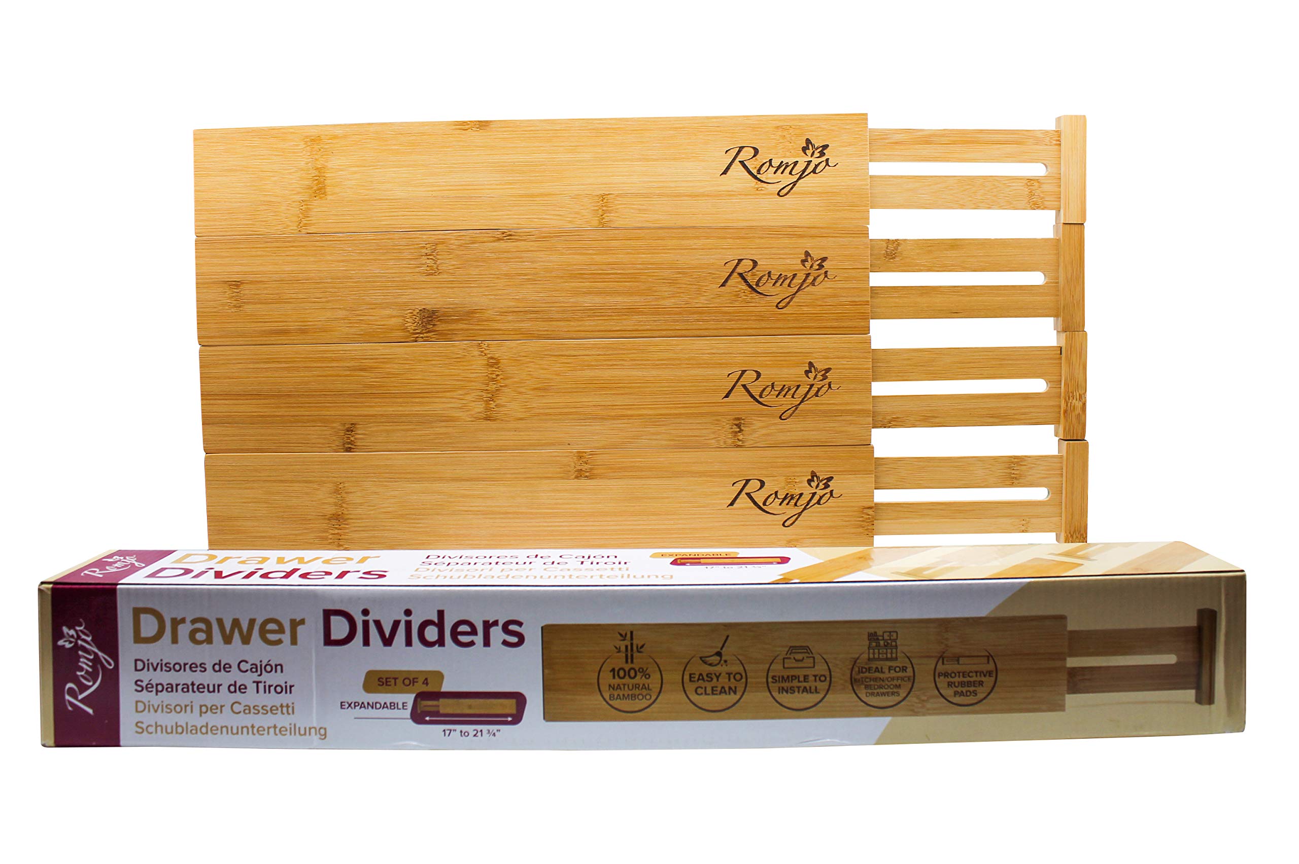 Adjustable Bamboo Drawer Organizers - Set of 4 for Kitchen Utensils (17-21.75
