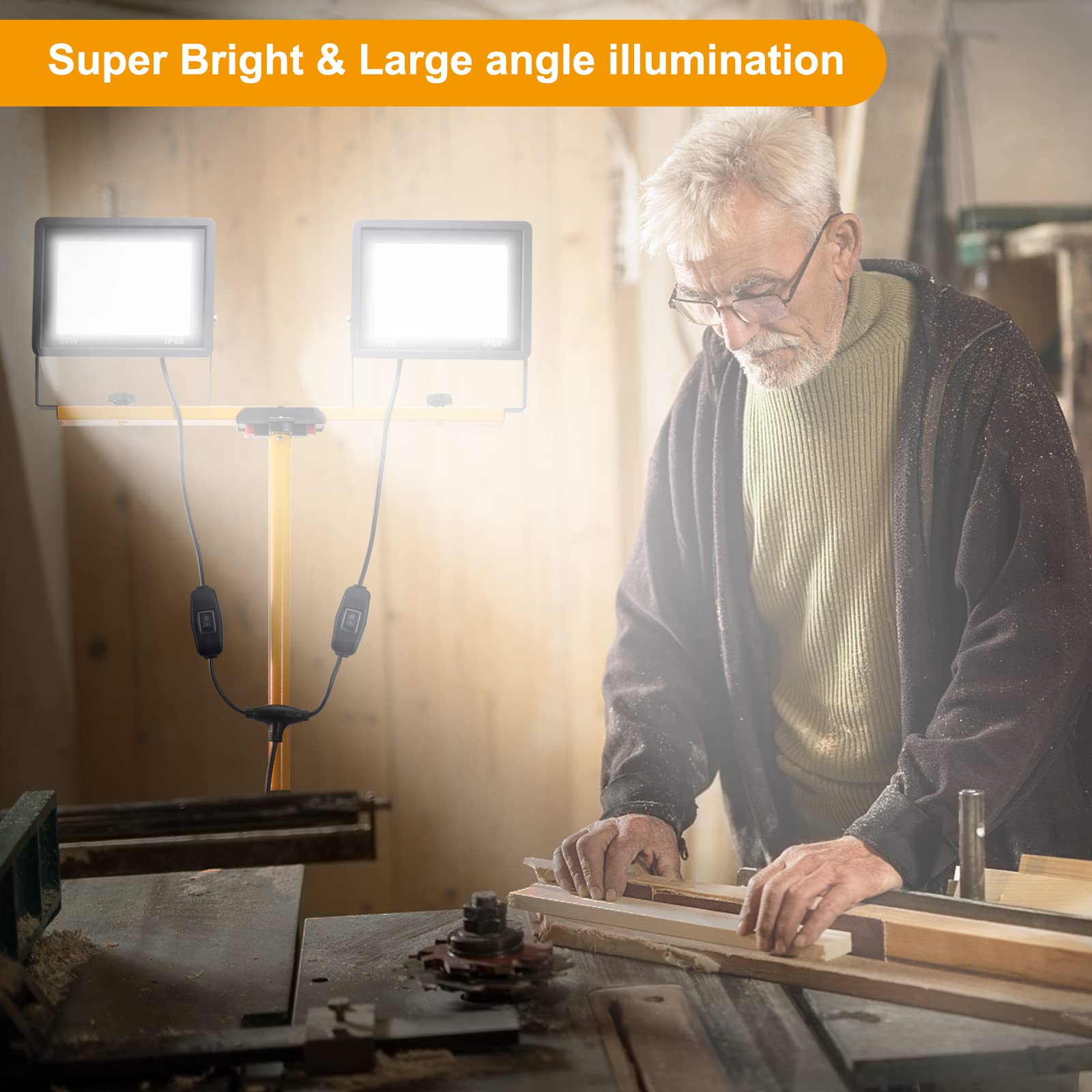 10000 Lumen LED Work Light with Stand - 100W Dual Head, 14FT Power Cord, 6000K Daylight White, IP66 Waterproof, Adjustable Metal Tripod (Up to 63