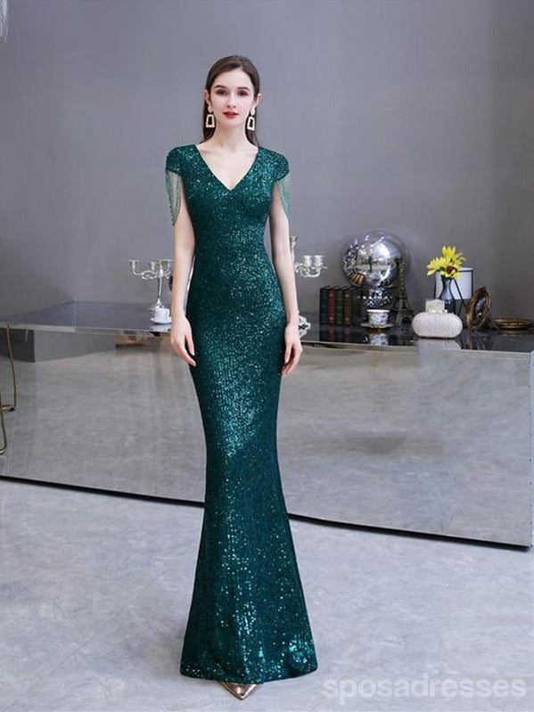 Green Mermaid Sequin V-Neck Cap Sleeves Long Prom Dress for Women | Elegant Evening Gown for Party, Homecoming, Wedding Guest | Perfect for Formal Events & Special Occasions