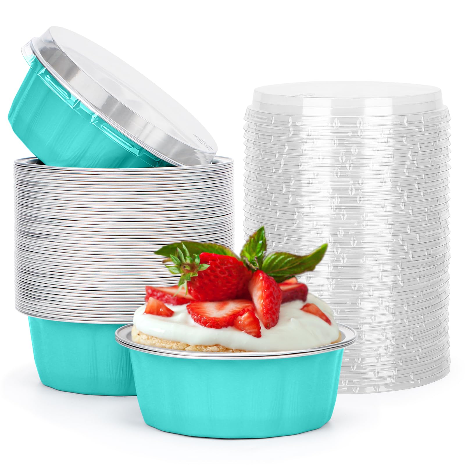 Beasea 50 Pack 8 oz Disposable Aluminum Ramekins with Lids - Elegant Blue Foil Baking Cups for Creme Brulee, Muffins, Cupcakes & Mini Puddings - Perfect for Parties, Weddings, Birthdays & Home Baking