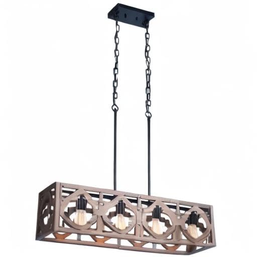 Farmhouse Rectangle Wood Kitchen Island Pendant Light - 4-Light Industrial Linear Chandelier for Dining Room, Living Room & Foyer - Rustic Lighting Fixture for Modern Farmhouse, Restaurant & Coffee Shop Decor