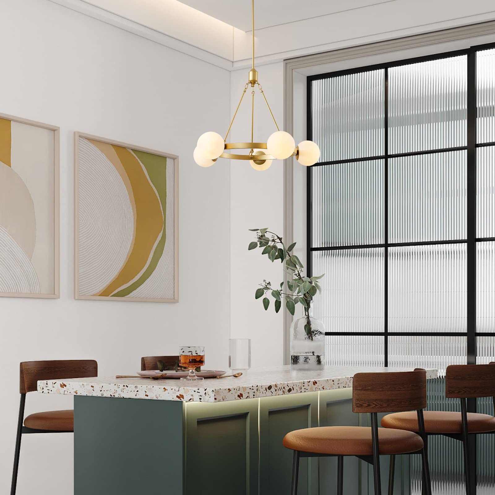 5-Light Mid Century Modern Gold Globe Chandelier - Round Pendant Light Fixture for Dining Room, Living Room, Foyer & Bedroom - Perfect Over Table Lighting & Stylish Home Decor
