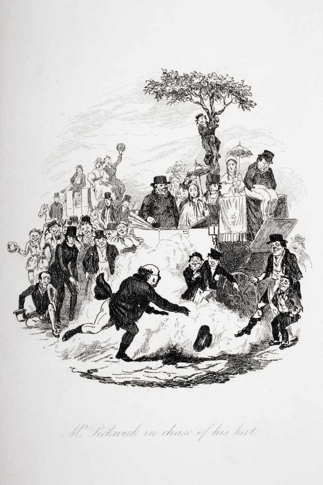 BrainBoosters Mr. Pickwick in Chase of His Hat - Vintage Charles Dickens Novel Illustration Poster Print 24x36 Inches - Perfect for Home Decor, Office Wall Art & Literary Gift