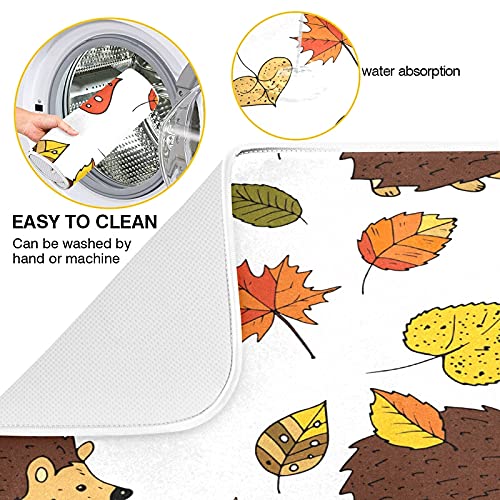 16x18 Inch Autumn-Themed Dish Drying Mat - Fast Absorbent Kitchen Counter Decor with Maple Leaves & Hedgehog Design | Heat-Resistant Tableware Pad, Baby Bottle Rack & Drainer Mat for Fall Kitchen Accessories | Perfect for Holiday Entertaining & Cozy Home Decor